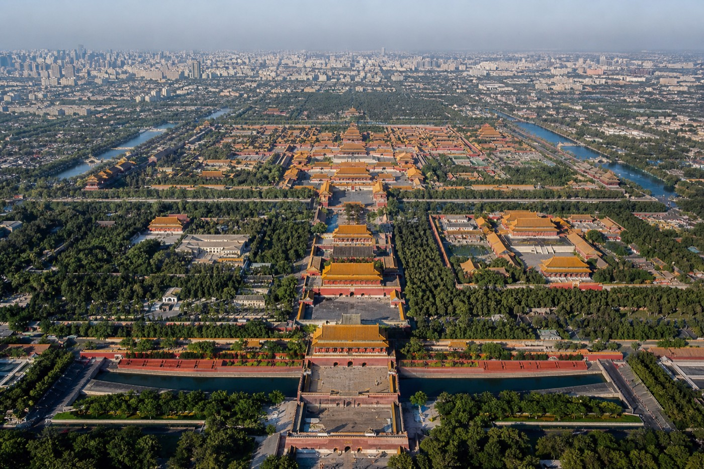 Aerial view of the Forbidden City's full walled complex of golden-roofed halls in central Beijing