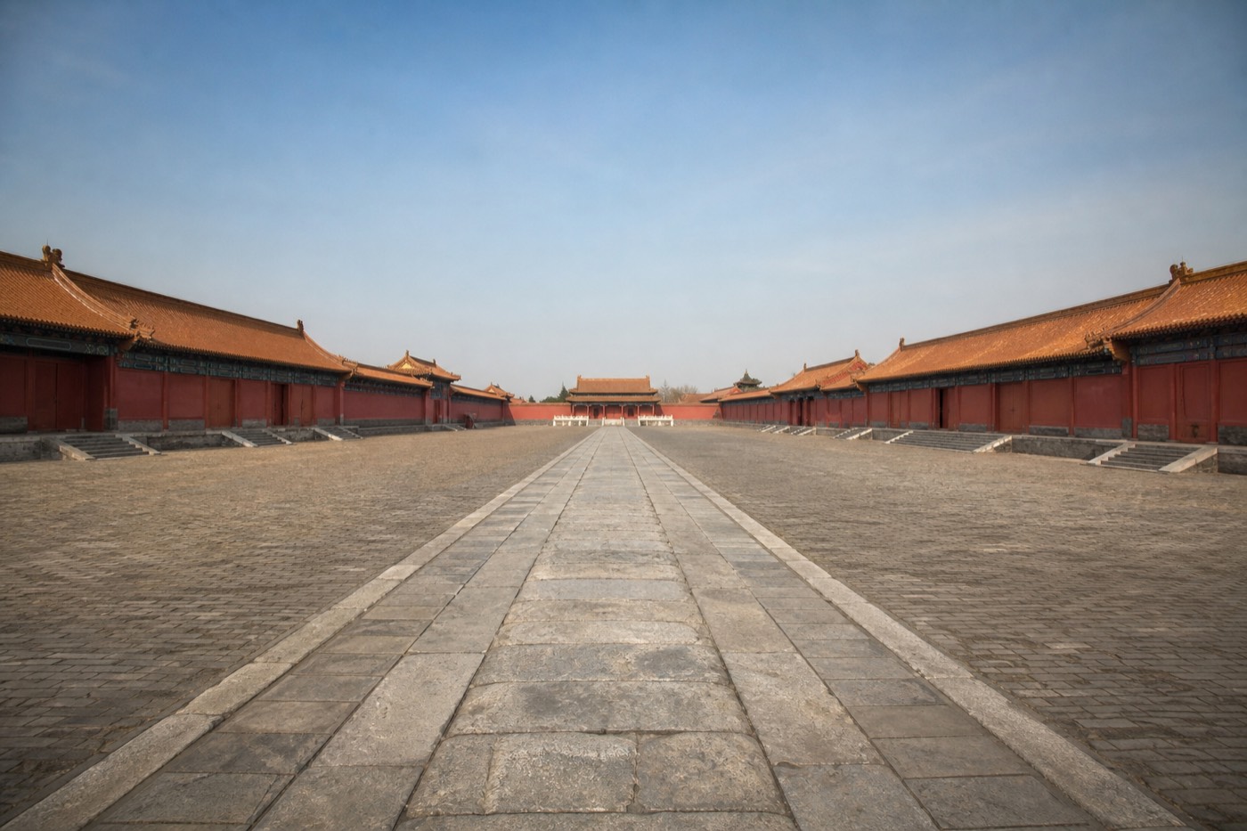 A straight view down the Forbidden City's central axis toward the Hall of Supreme Harmony