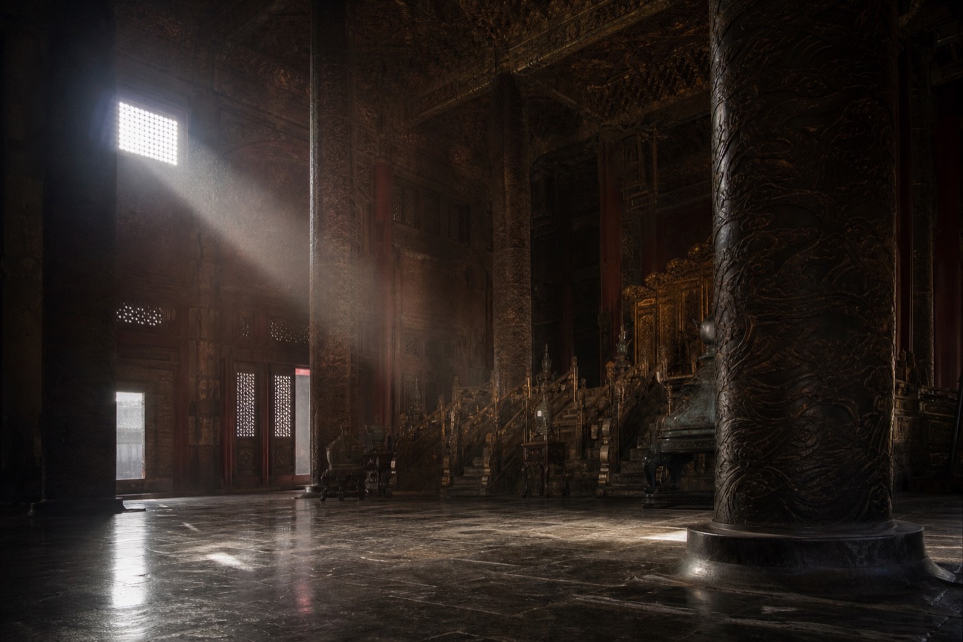A grand Forbidden City hall lit with dramatic, cinematic light
