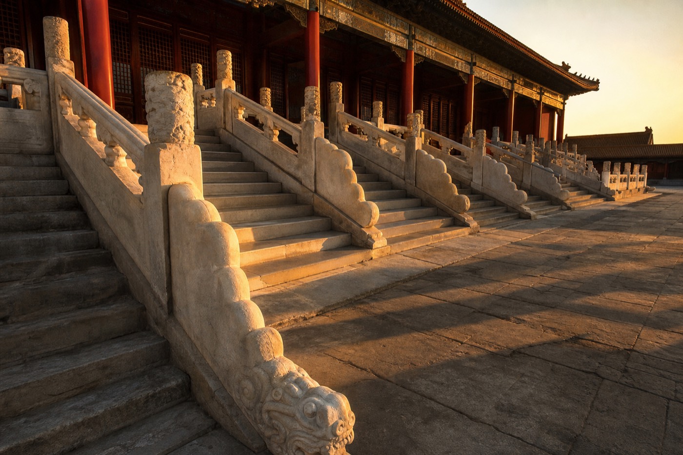 Empty stone steps inside the Forbidden City in the soft light of late afternoon
