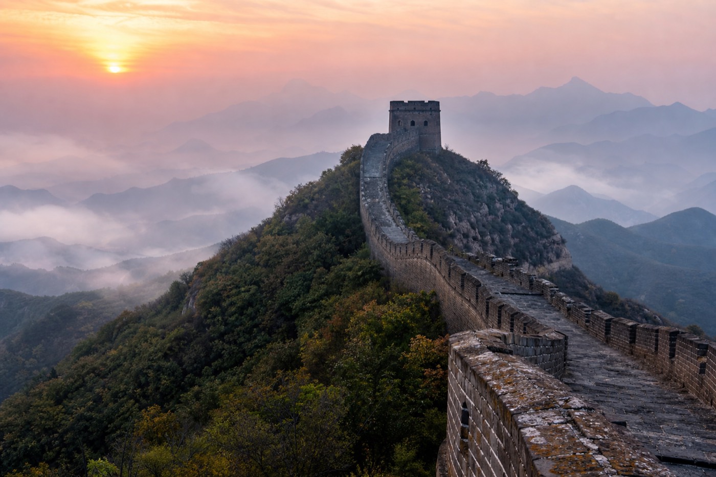 A misty ridge of the Great Wall of China stretching away from Beijing's city center
