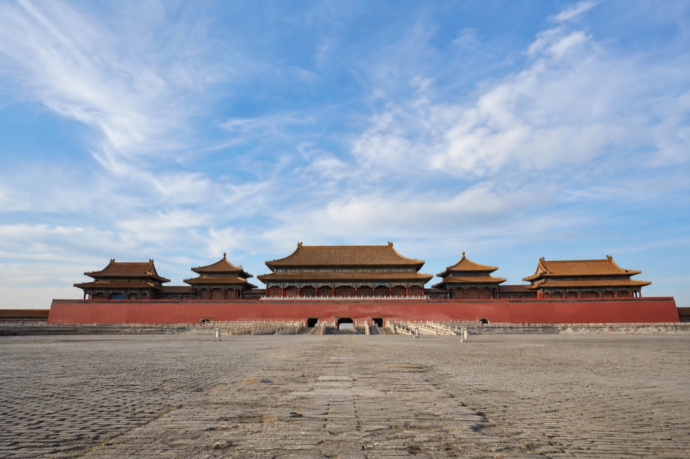 The five-tower Meridian Gate rising over the entrance plaza of the Forbidden City