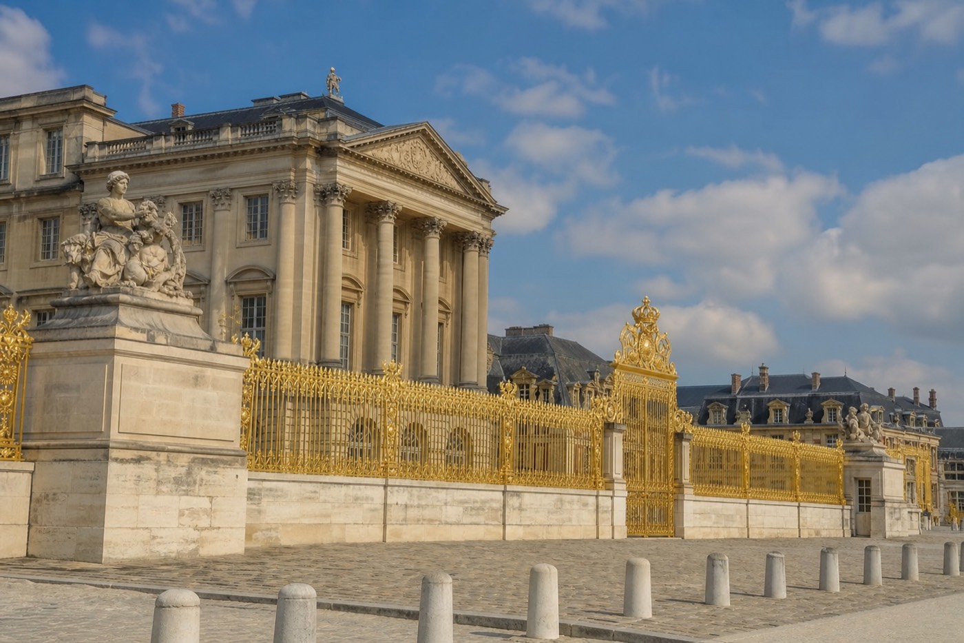 The gilded facade of the Palace of Versailles seen across its formal gardens